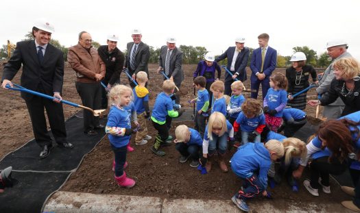 Children from UNK’s Child Development Center join other dignitaries Friday morning during a ceremonial groundbreaking for UNK’s new LaVonne Kopecky Plambeck Early Childhood Education Center. (Photo by Corbey R. Dorsey, UNK Communications)