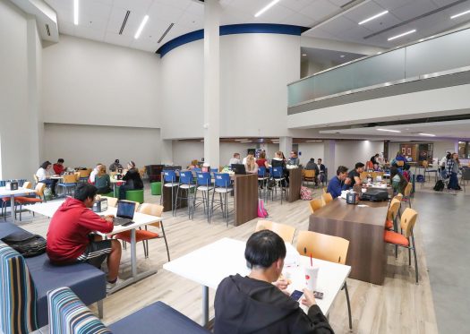 UNK students study and dine inside the newly-renovated Nebraskan Student Union food court. The space soon will see the addition of a large video wall with nine 55-inch LCD displays. (Photo by Corbey R. Dorsey, UNK Communications)