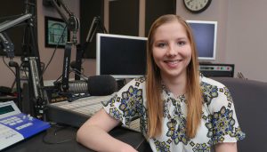 Haley Pierce, a UNK junior from West Point, is a finalist in the best public affairs program category of the Intercollegiate Broadcasting System College Media Awards for a piece she produced on student recruitment and retention. (Photo by Corbey R. Dorsey, UNK Communications)