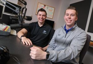 UNK students Austin Jacobsen, left, and Evan Jones are finalists in the best football play-by-play and best sports pregame/postgame show categories of the Intercollegiate Broadcasting System College Media Awards. Jacobsen and Jones broadcast Loper football games for KLPR 91.1 FM and host the “UNK Gameday” pregame show. (Photo by Corbey R. Dorsey, UNK Communications)