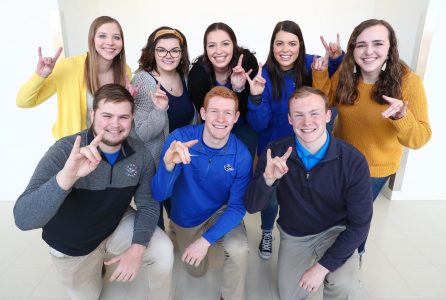 UNK’s New Student Enrollment leaders for 2019 include (front row, left to right): Jacob Roth, Denton; Noah Valasek, Spalding; Mitch Robey, Papillion; and (second row, left to right) Haley Pierce, West Point; Makenzie Petersen, O’Neill; Logan Prater, Colorado Springs, Colorado; Chloe Murphy, Ashland; and Lauren Shackelford, Clay Center.