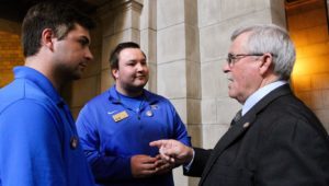 From left, UNK students Trey and Taylor Janicek of Bridgeport meet with state Sen. Steve Erdman during “I Love NU Advocacy Day” at the Capitol in Lincoln. University of Nebraska students, faculty, staff, alumni and supporters attended Wednesday’s event. (Photo by Tyler Ellyson, UNK Communications)