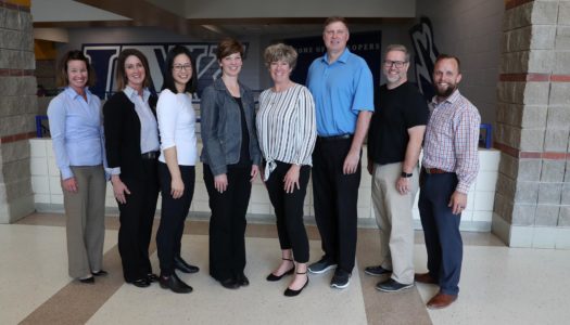 UNK and UNMC are collaborating on a five-year project supported by the Centers for Disease Control and Prevention that will address childhood obesity in rural communities. Members of the research team are, from left, Nancy Foster, Kaiti George, Tzeyu Michaud, Jennie Hill, Kate Heelan, Todd Bartee, Paul Estabrooks and Bryce Abbey. (Photo by Corbey R. Dorsey, UNK Communications)