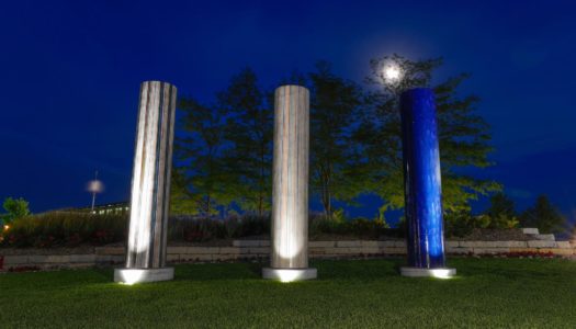 The Three Koneko Columns at Yanney Heritage Park is among artwork featured in a new booklet, “Kearney Art: Going Public,” produced by the University of Nebraska at Kearney. (Photo by Corbey R. Dorsey, UNK Communications)