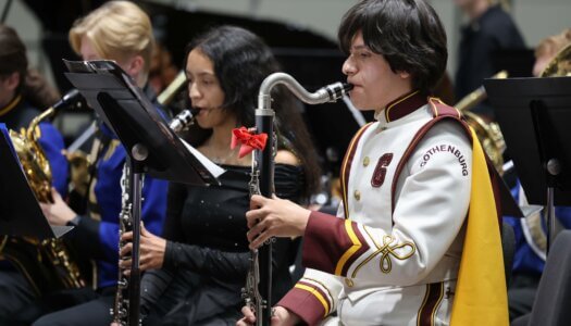 Nebraska high schoolers play musical instruments at a concert at UNK.