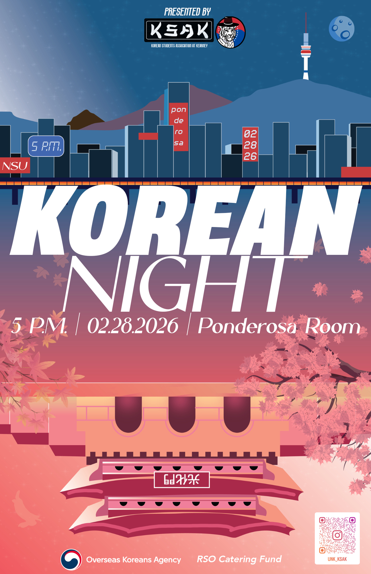 A graphic promoting Korean Night, scheduled for 5 p.m. Feb. 28 at UNK.