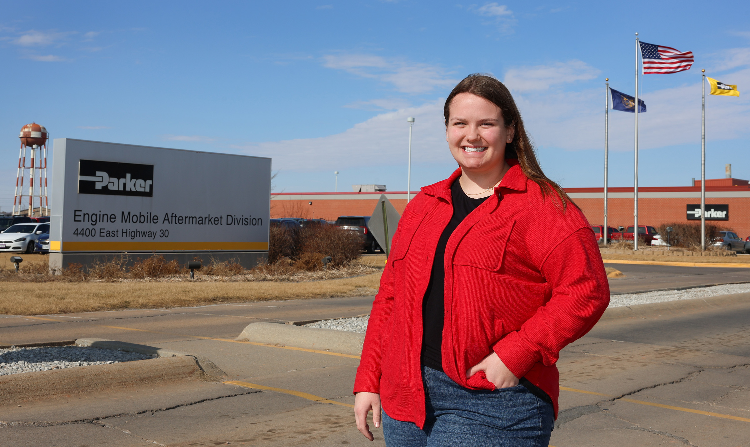 Zarina Flaherty is pictured outside the Parker Hannifin facility in Kearney.