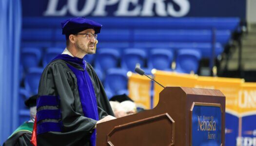UNK Faculty Senate President John Bauer speaks during the investiture.