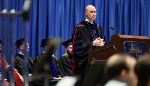 UNK Chancellor Neal Schnoor delivers his address during the investiture ceremony.