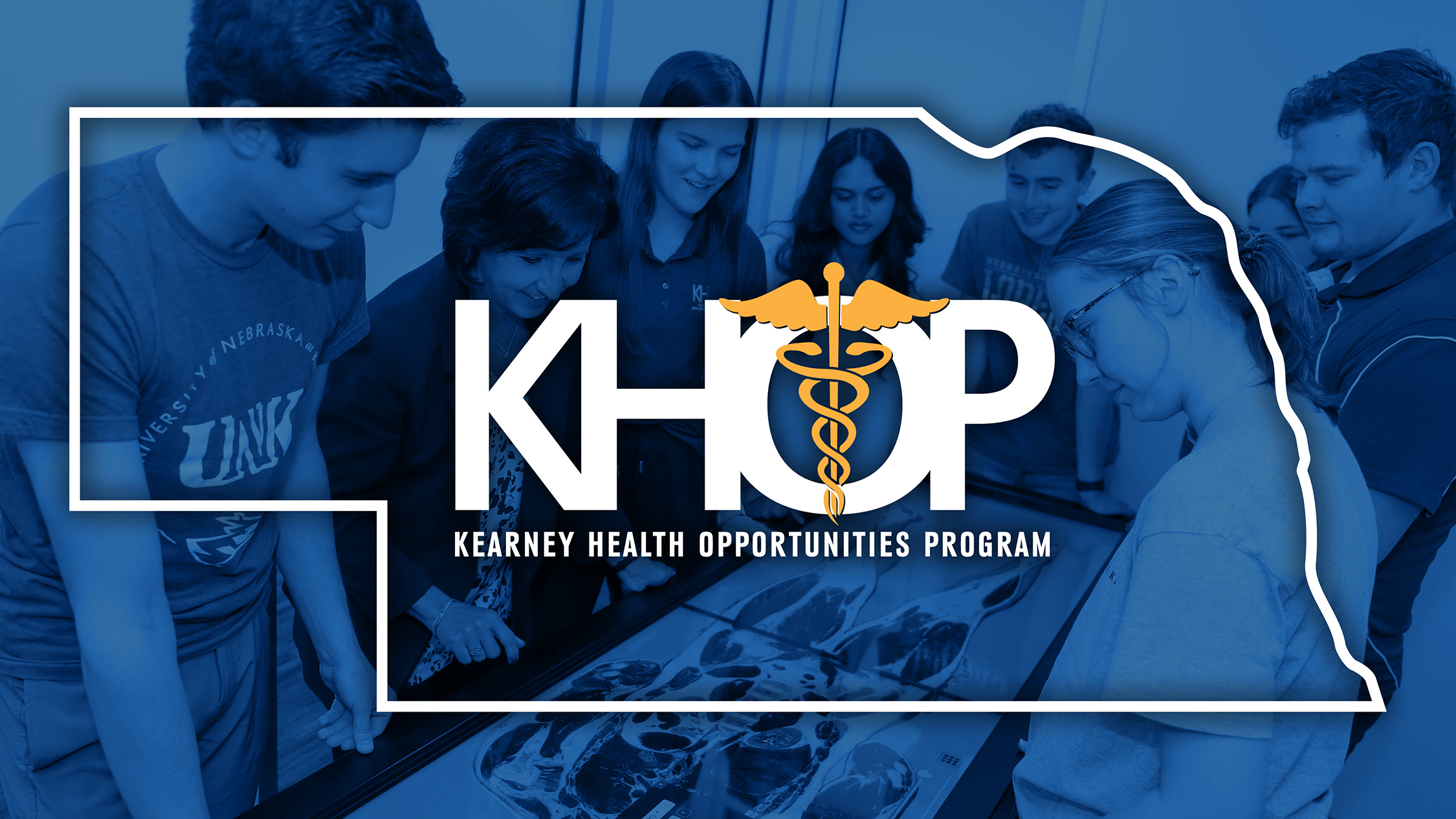 Kearney Health Opportunities Program logo, with photo of health science students in background