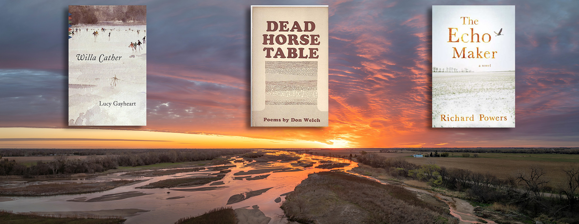 An image of the Platte River with three books overlayed.