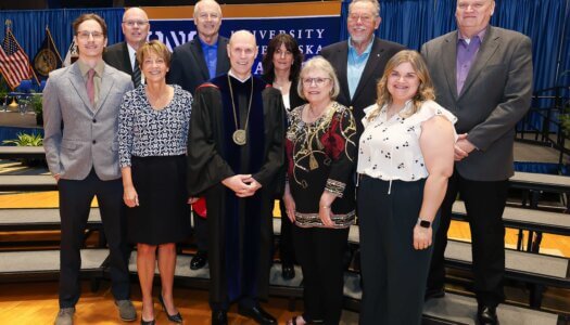UNK Chancellor Neal Schnoor is pictured with family and guests.