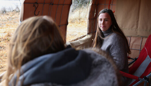 Amanda Hegg and Katie Arens are pictured in an observation blind along the Platte River.