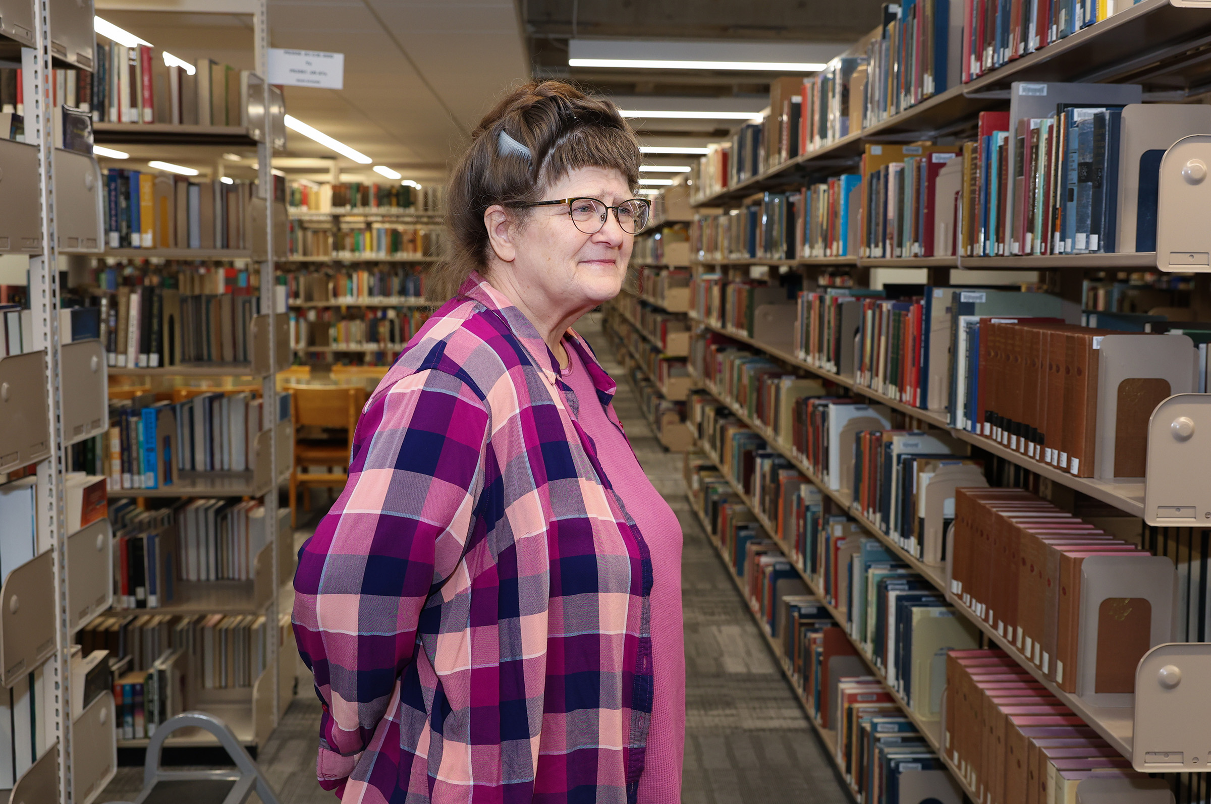 Alta Kramer is pictured inside Calvin T. Ryan Library.