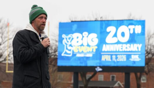 Kearney Mayor Jonathan Nikkila speaks during The Big Event kickoff.