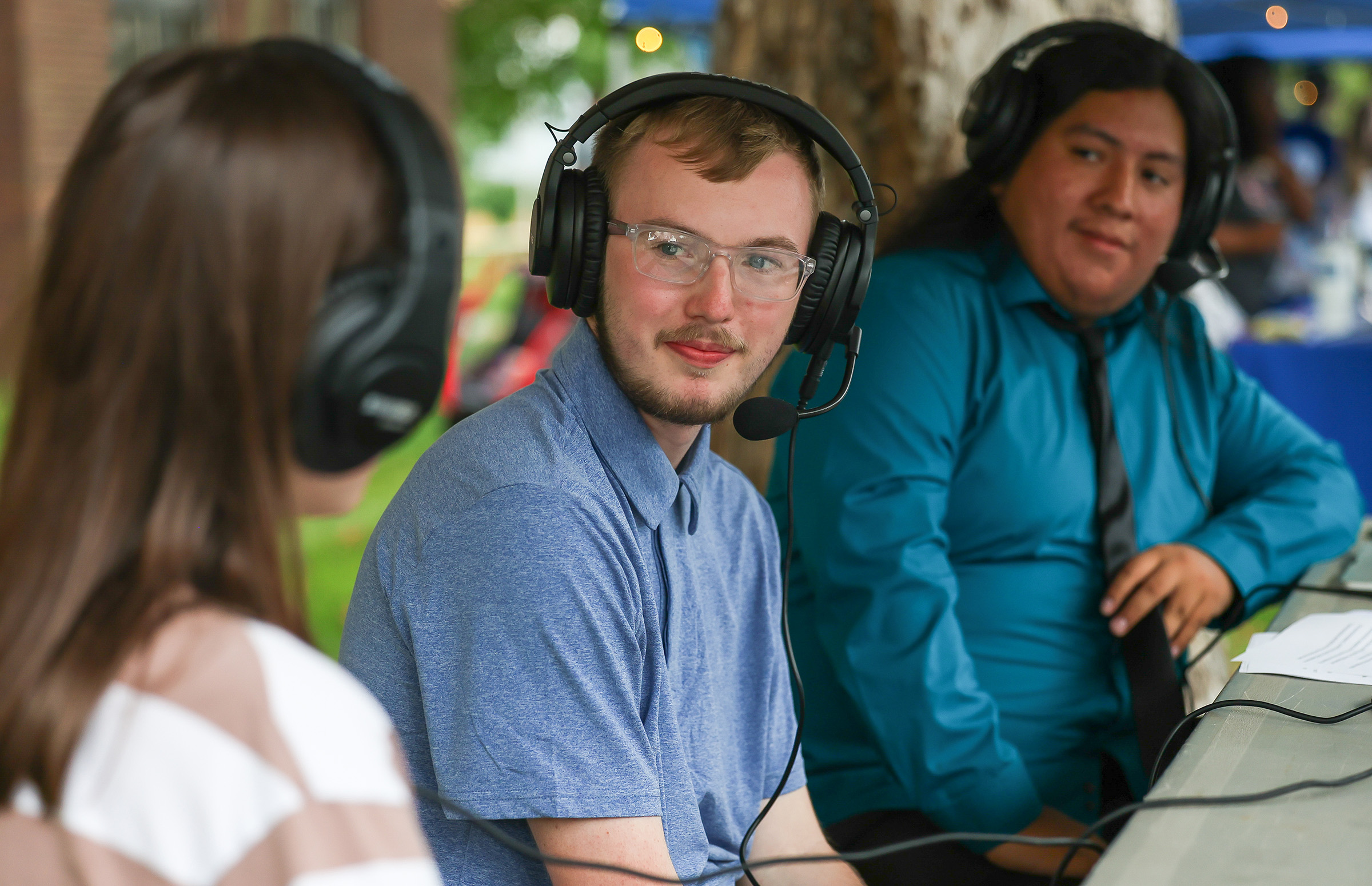 UNK senior Elijah Moser is pictured during a KLPR live broadcast on campus.