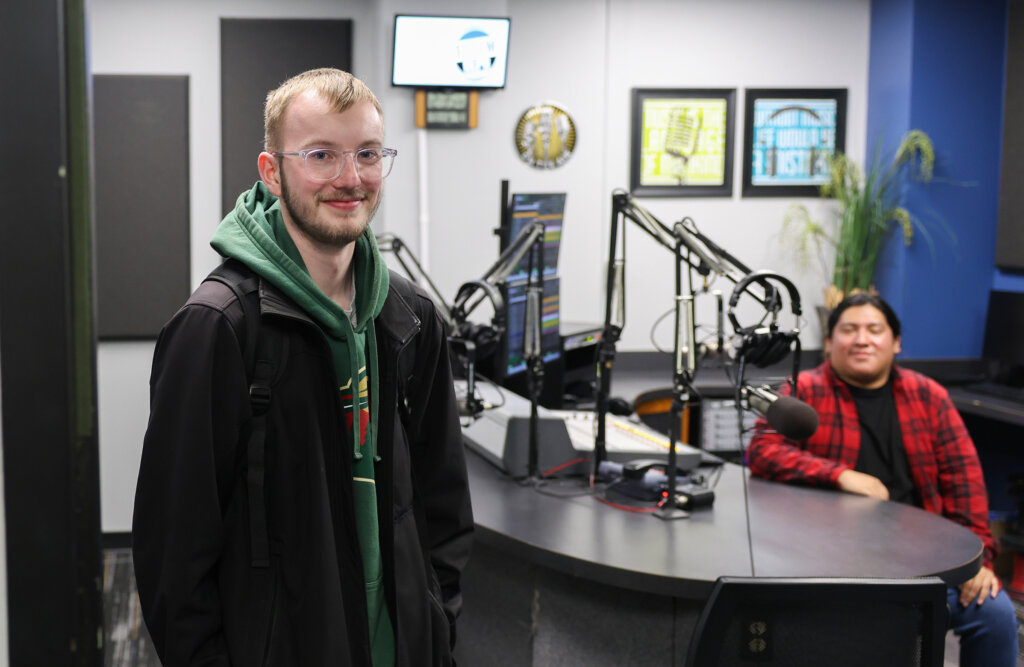 Elijah Moser and Mario Crispin are pictured in the UNK campus radio studio.