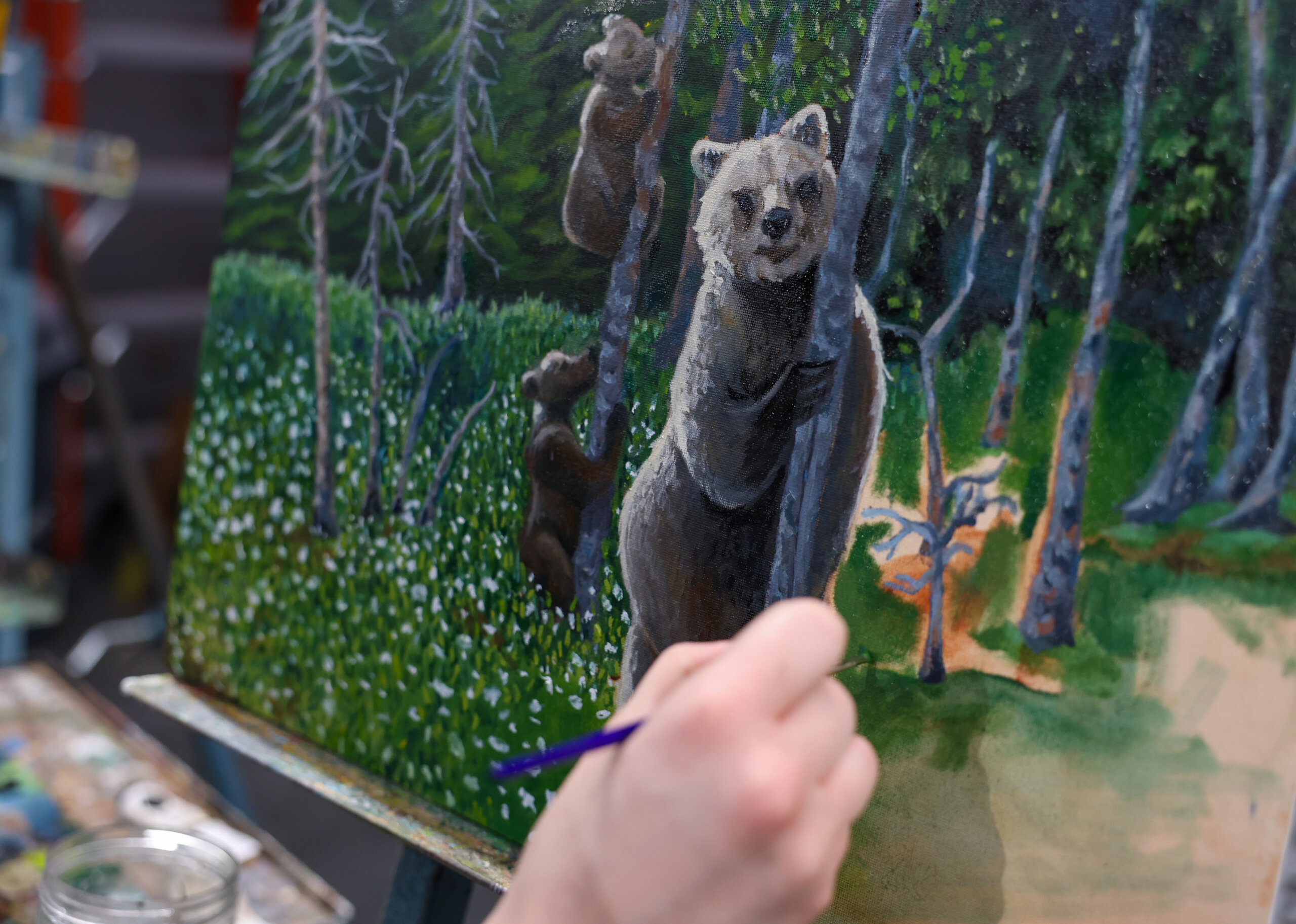 A bear on canvas is being painted.