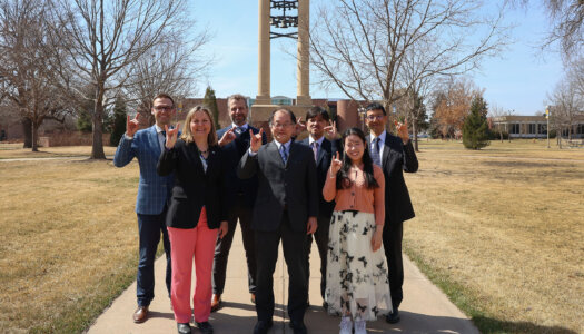 Sayo Kajiyama is pictured with UNK officials and representatives from her high school in Japan.