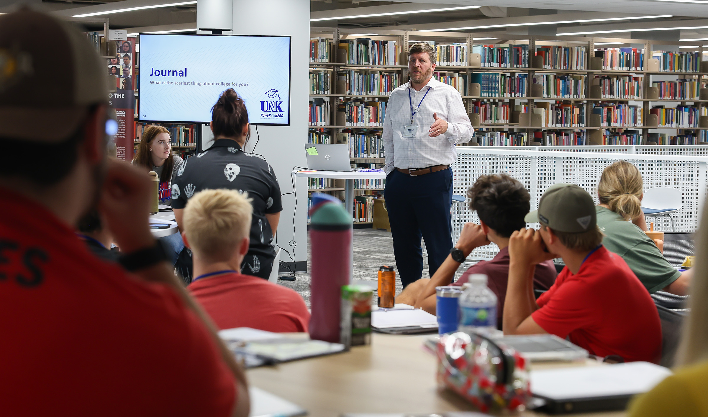 Aaron Estes, senior director of the Loper Success Hub, meets with UNK students participating in the Loper Success Academy, a weeklong program that prepares incoming freshmen for the transition to college.