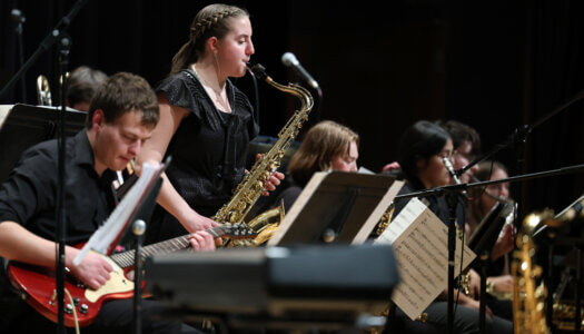 Students perform in the jazz band during a concert in 2025 (Photo by Erika Pritchard, UNK Communications).