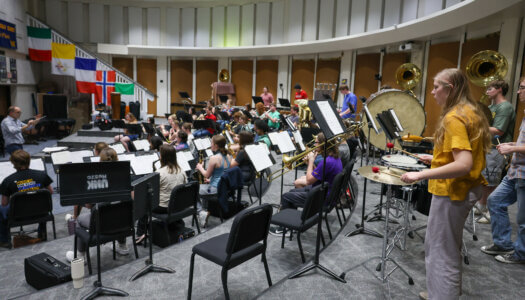 Wind Ensemble band members practice a musical piece (Photo by Erika Pritchard, UNK Communications).