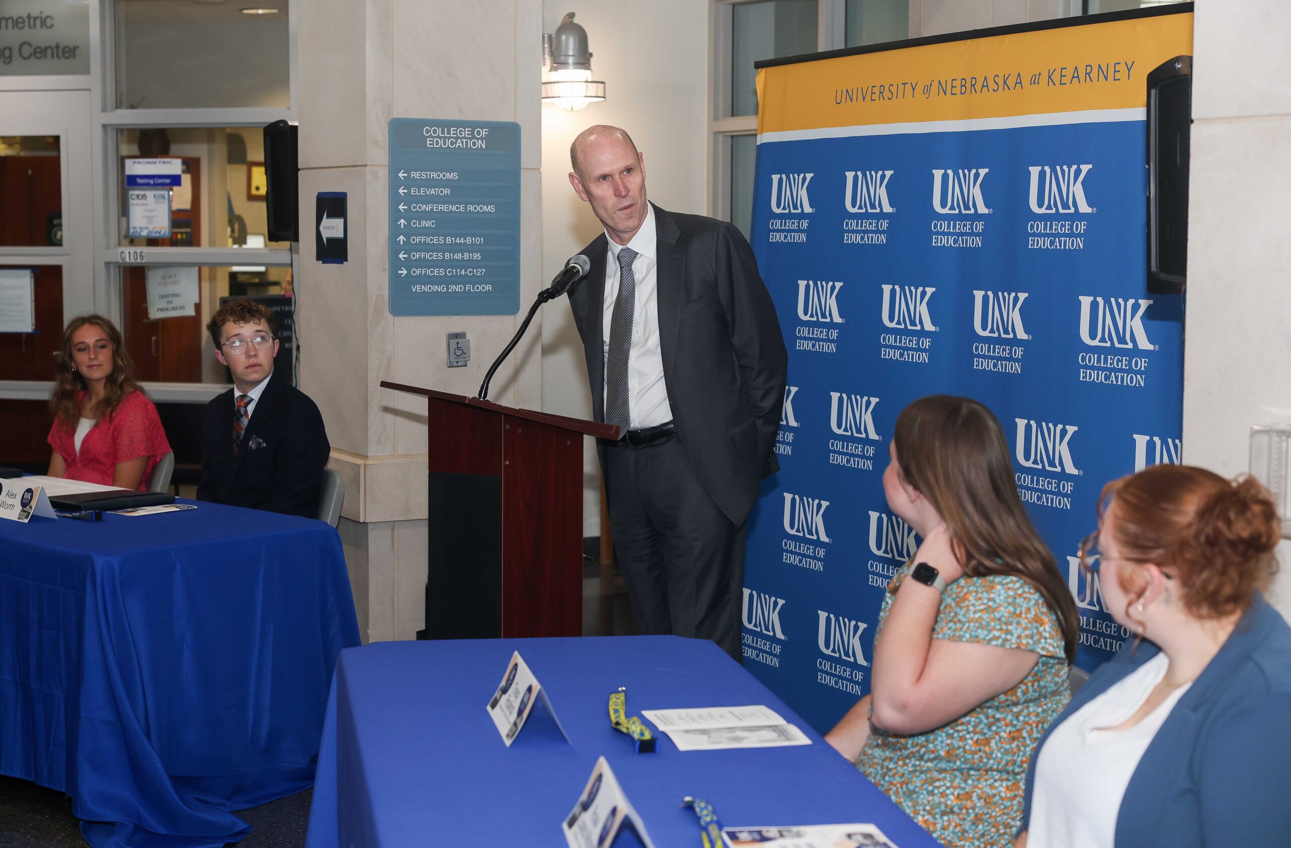 UNK Chancellor Neal Schnoor speaks Monday during a ceremony recognizing the Kearney Teachers Tomorrow Scholarship recipients.