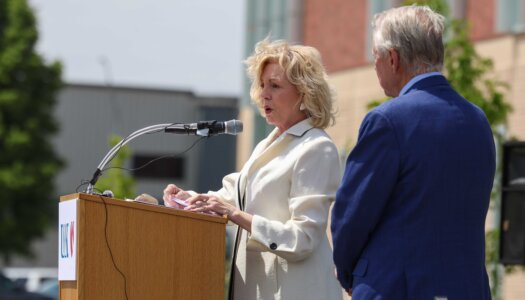 Carey Hamilton speaks during the Douglas A. Kristensen Rural Health Education Complex grand opening celebration.