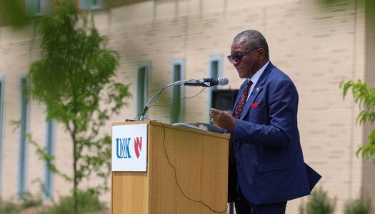 UNMC interim Chancellor H. Dele Davies speaks during Thursday's ceremony.