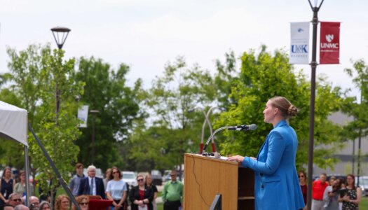 UNMC Student Regent Allie Daro speaks during Thursday's ceremony.