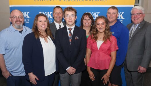 The KTOM Scholarship recipients are pictured with KPS Superintendent Jason Mundorf, UNK College of Education Dean Mark Reid and their families.