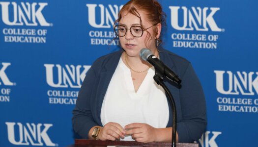 KTOM Scholarship recipient and recent UNK graduate Rosa Lopez-Moore speaks during Monday's ceremony.