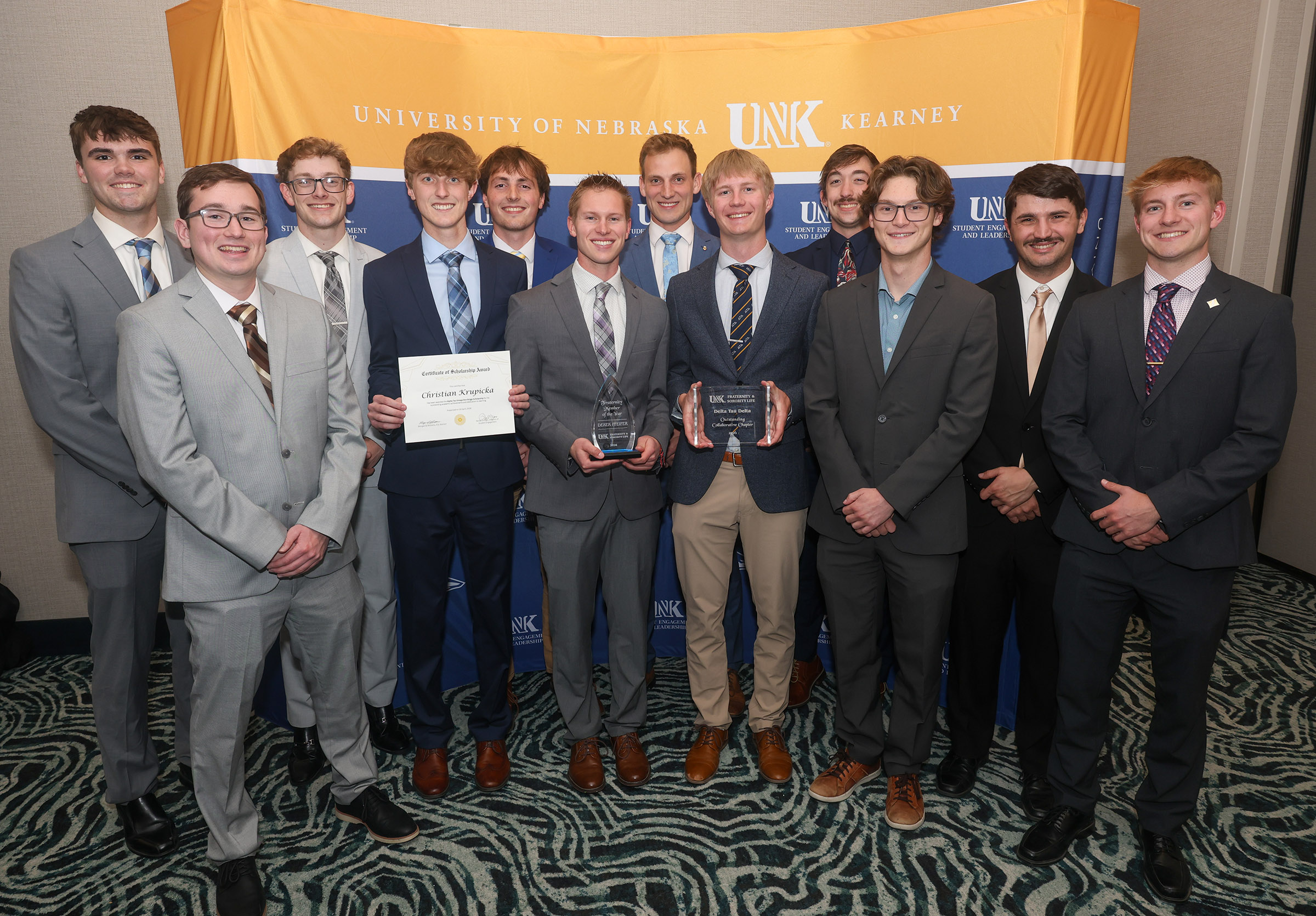 Delta Tau Delta members are pictured during the annual UNK Fraternity and Sorority Life awards banquet.