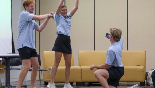 NSE leaders share campus resources through a skit.