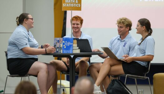 NSE leaders share campus resources through a skit.