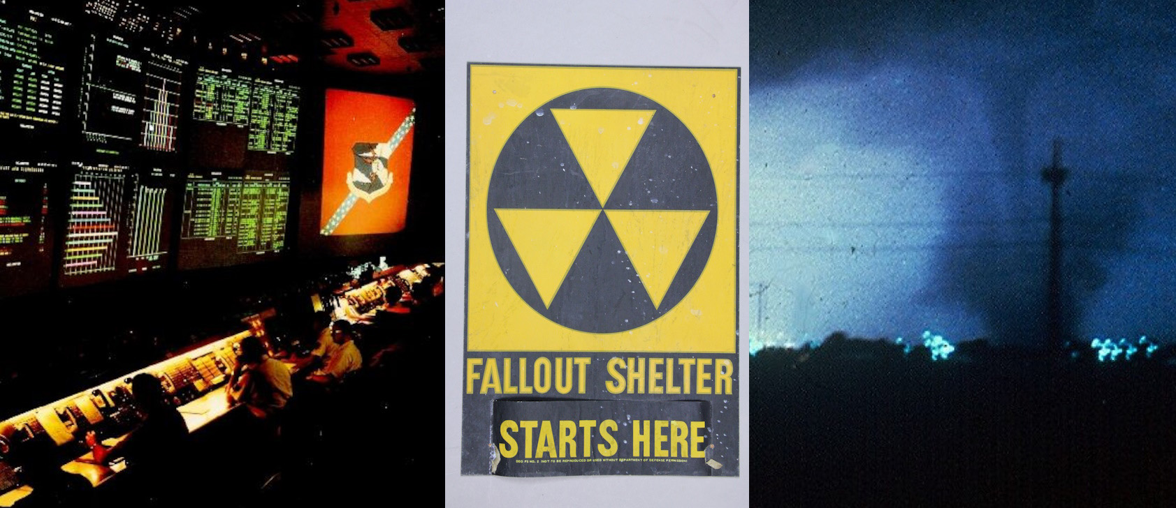 Photo composite showing a nuclear operations center, fallout shelter sign and tornado.