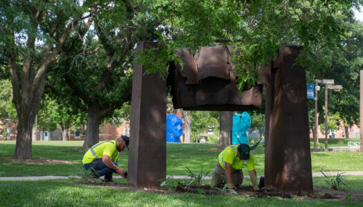 UNK Facilities Management and Planning employees add native plants to a landscape bed.