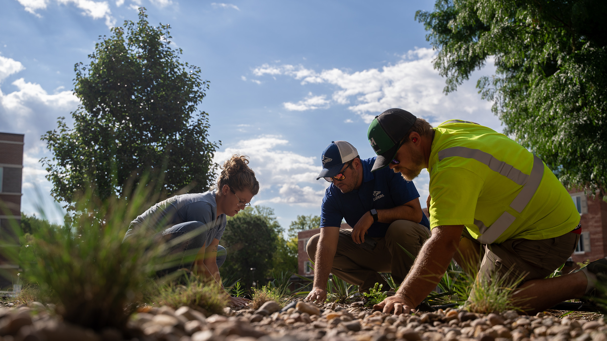 UNK Facilities Management and Planning employees add native plants to a landscape bed.