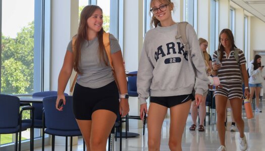 Students walk from class in Bruner Hall.