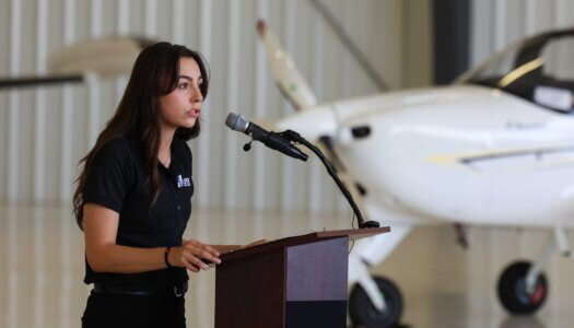 Clara Rios speaks during the Loper Flight Academy ribbon-cutting ceremony.