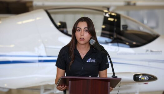 Clara Rios speaks during the Loper Flight Academy ribbon-cutting ceremony.