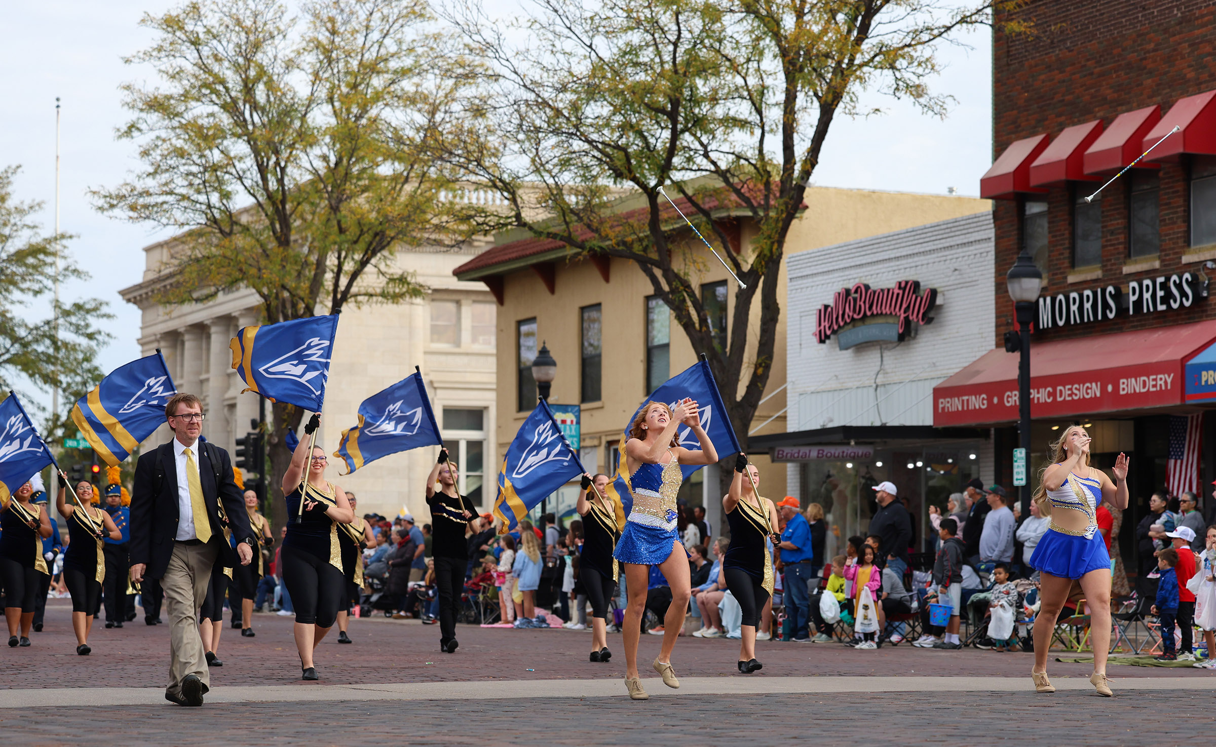 The Pride of the Plains Marching Band performs during the UNK Homecoming Parade.