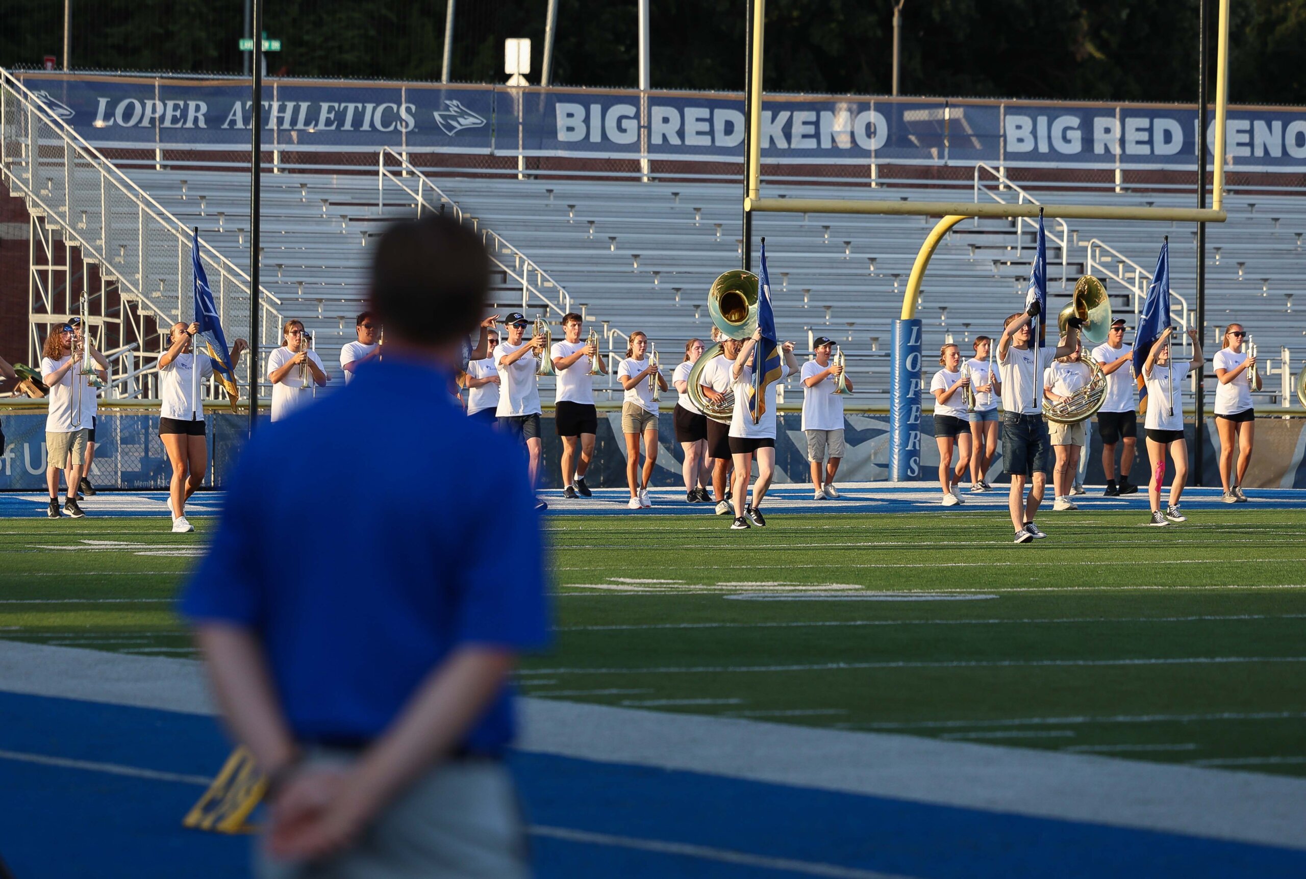 The Pride of the Plains Marching Band performs during Blue Gold Showcase.