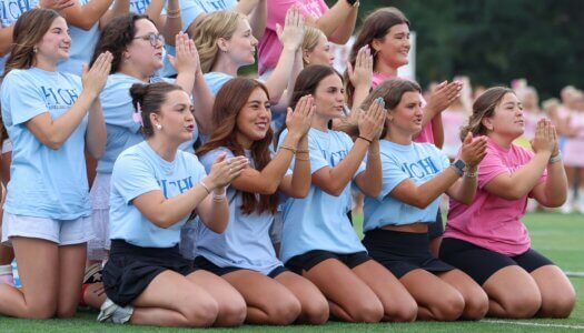 Sorority members chant during bid day.