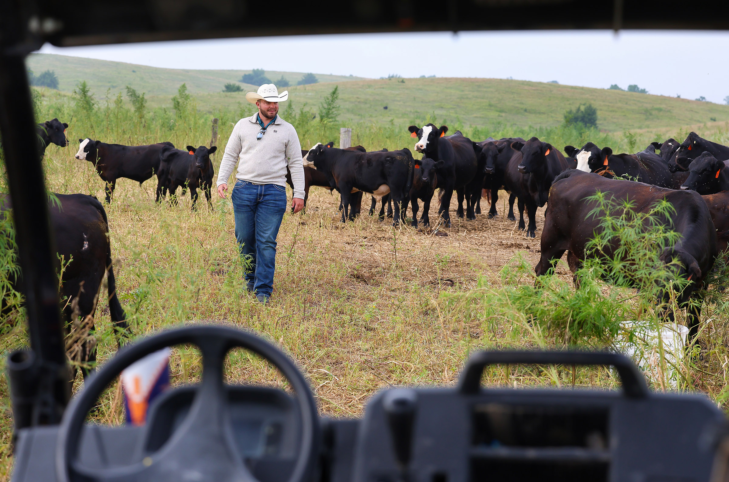 Ryan Arbuthnot checks cattle at his family’s ranch north of Sumner.