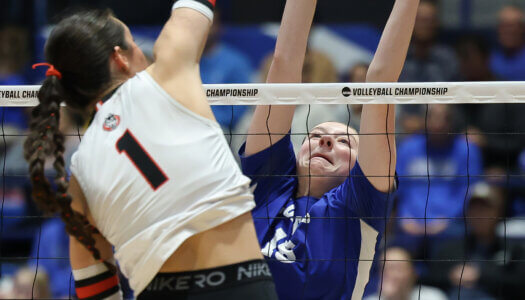 Sydney Davis elevates for a block against St. Cloud State.