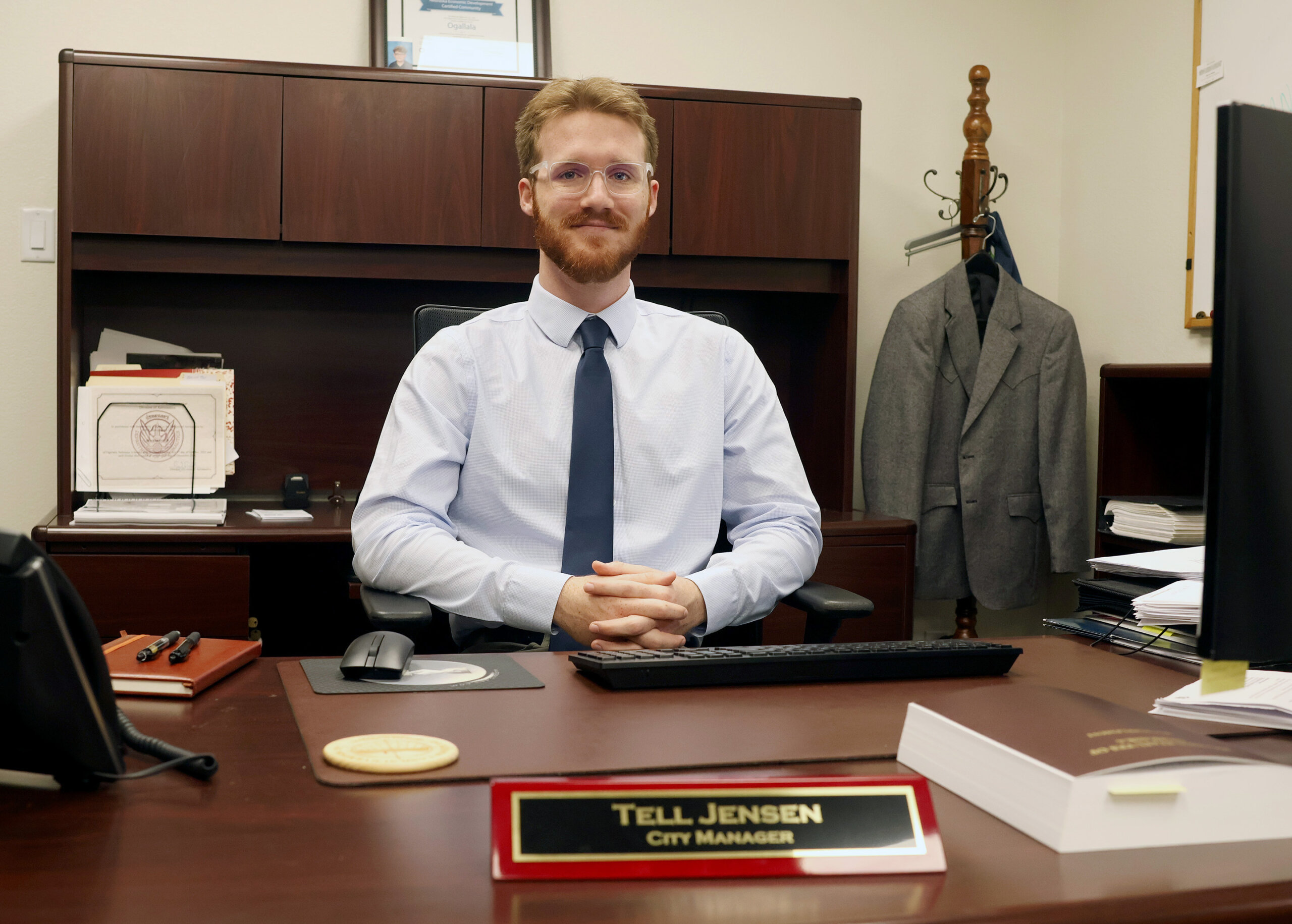 Tell Jensen is pictured in his office at city hall in Ogallala.