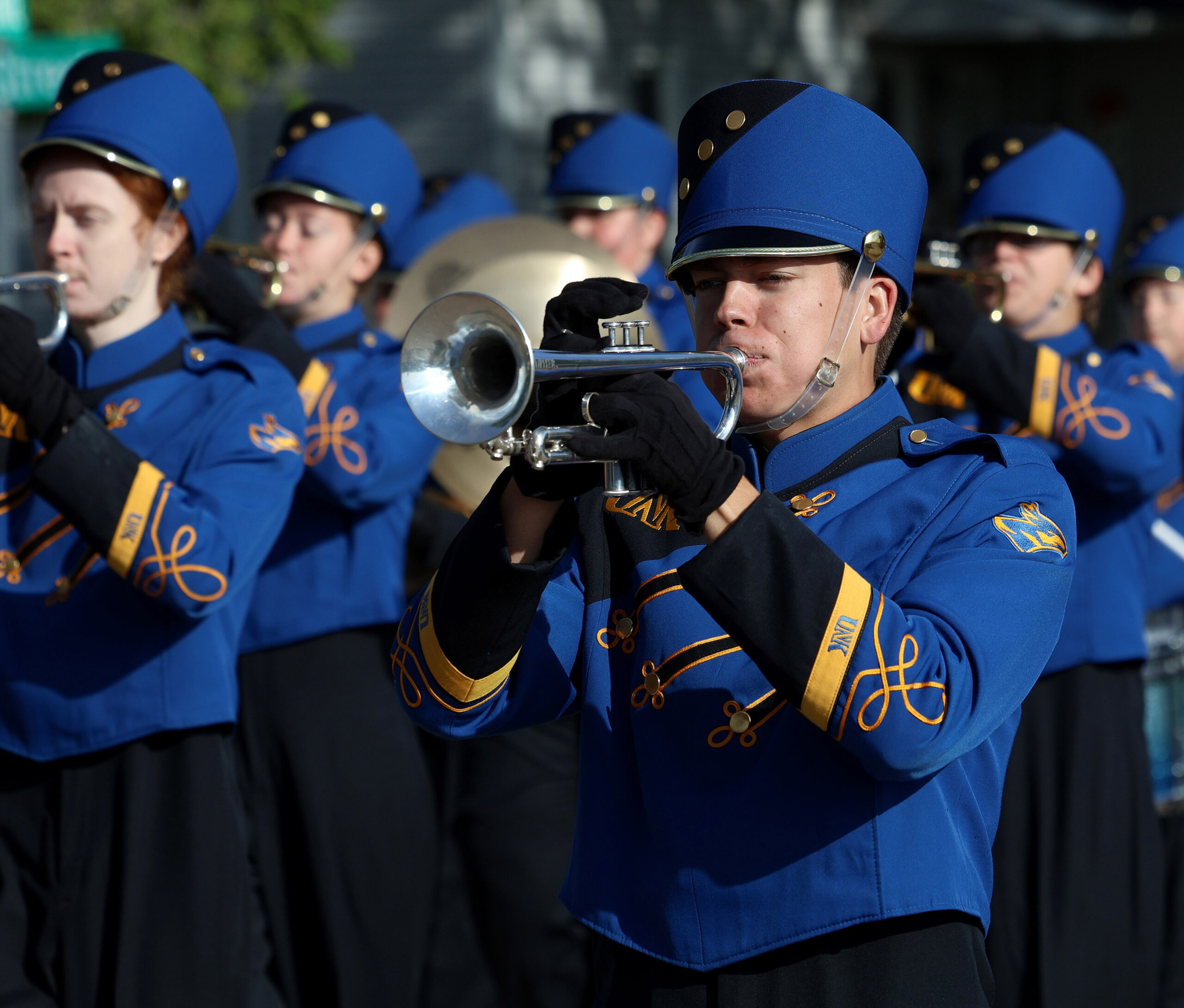 The UNK Pride of the Plains Marching Band performs during the UNK Band Day Parade.