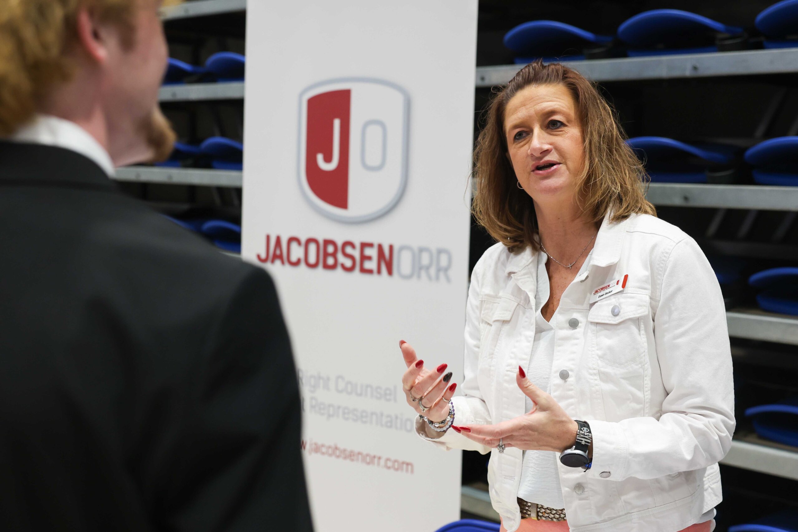 Dawn Becker discusses opportunities with Jacobsen Orr law firm in Kearney during Thursday’s Career and Internship Fair at UNK.