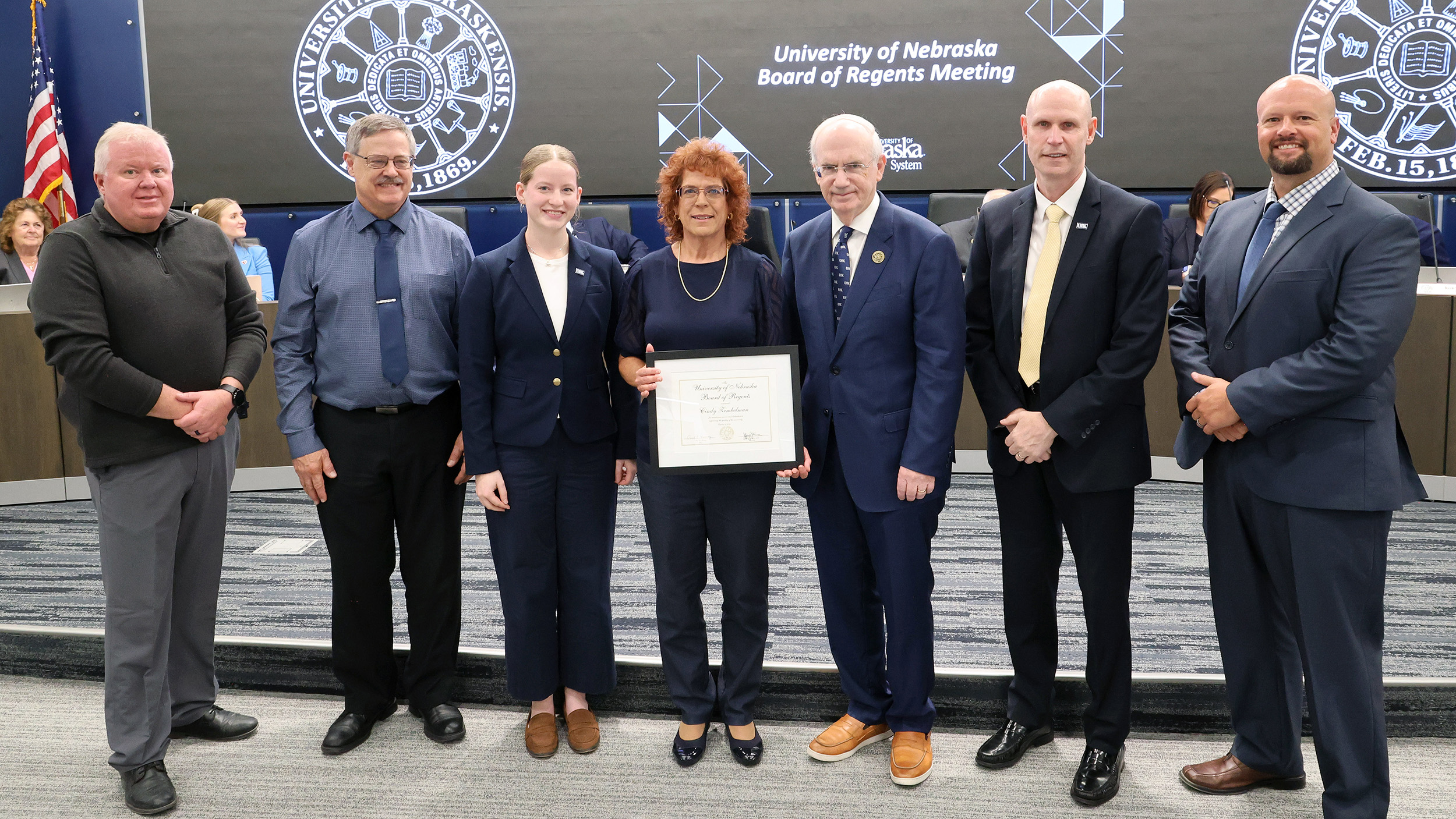 Cindy Zimbelman receives the KUDOS award during today's NU Board of Regents meeting.
